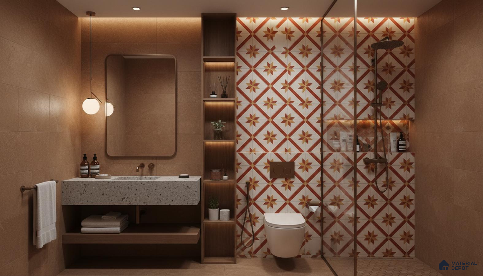 Modern bathroom design with terracotta wall tiles, terrazzo countertop, and geometric patterned highlighter shower wall tiles in Bengaluru | Material Depot
