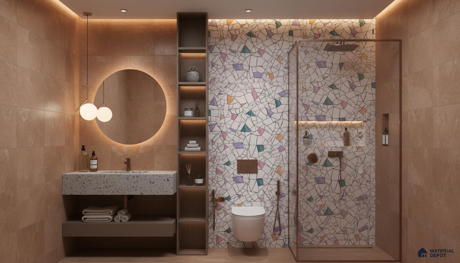 Modern bathroom design with terrazzo mosaic wall tiles, beige stone wall tiles, and terrazzo countertop in Bengaluru | Material Depot