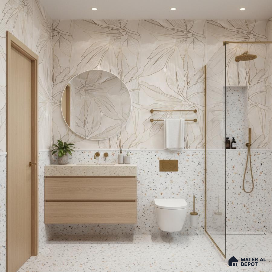 Modern bathroom design with terrazzo tiles, floral wall tiles, and light oak floating vanity in Bengaluru | Material Depot