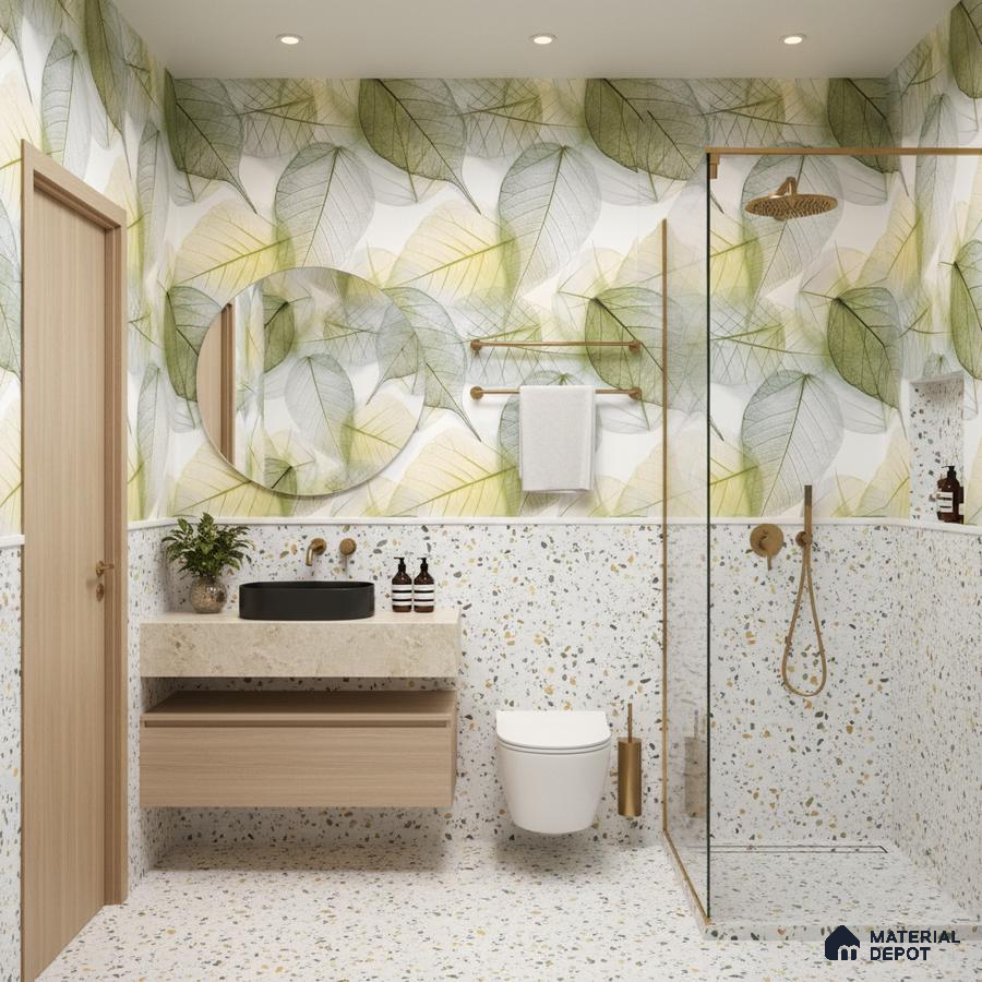 Modern bathroom design with terrazzo tiles, leaf-patterned tile, and floating wood vanity in Bengaluru | Material Depot