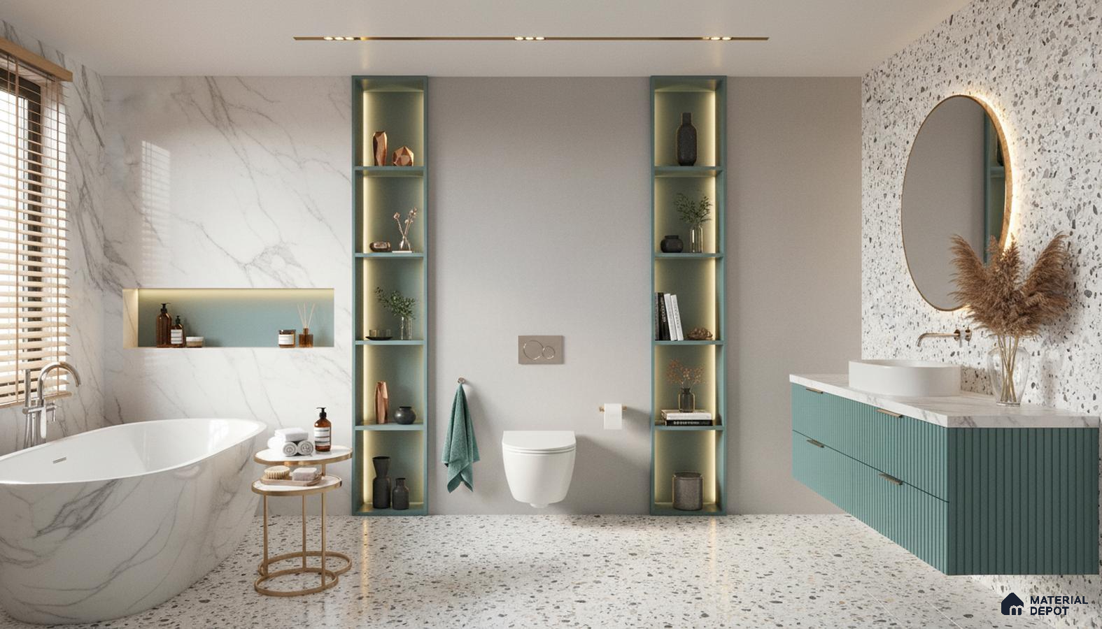 Modern bathroom design with terrazzo tiles, marble wall tiles, and teal fluted vanity laminate in Bengaluru | Material Depot