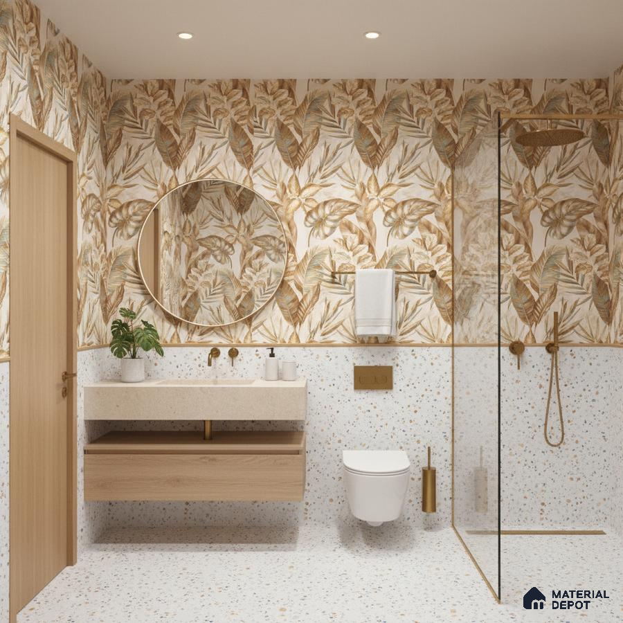 Modern bathroom design with terrazzo tiles, tropical floral wall tiles, and light oak floating vanity in Bengaluru | Material Depot