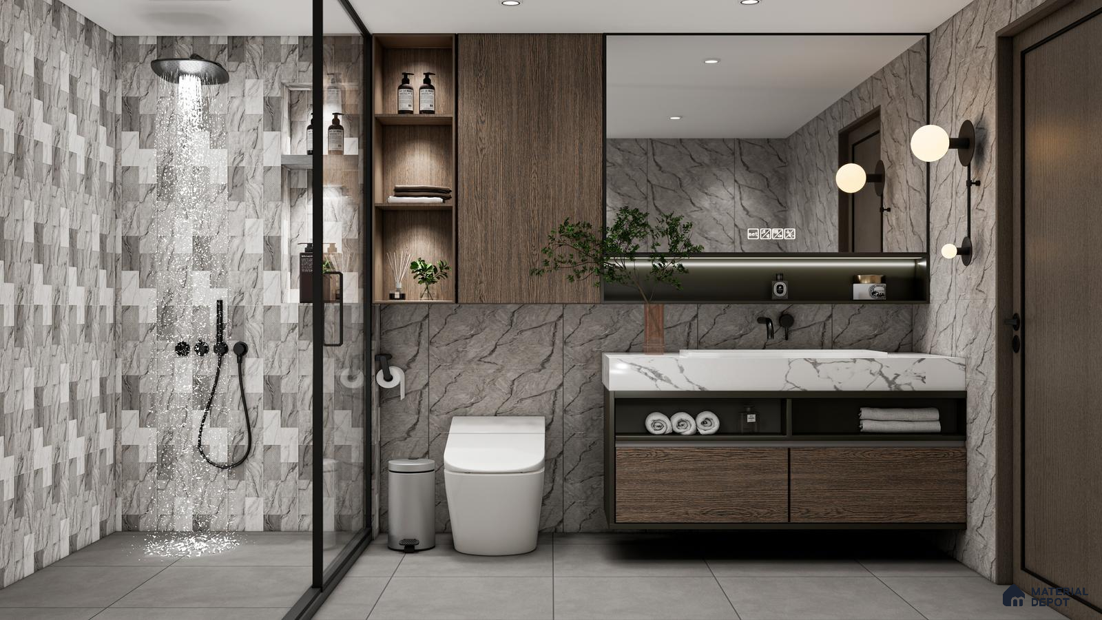 Modern Bathroom with Textured Grey Tiles and Wooden Accents | Material Depot