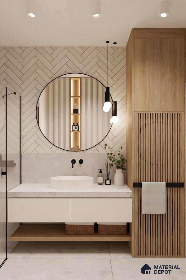 Modern Bathroom with Textured Tiles and Natural Elements | Material Depot