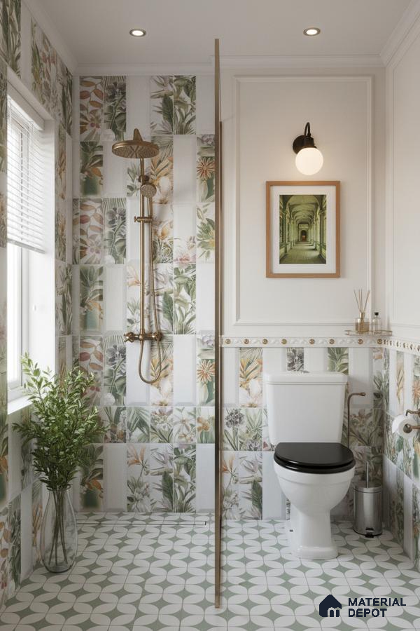Modern bathroom with tropical floral wall tiles and geometric patterned floor tiles | Material Depot