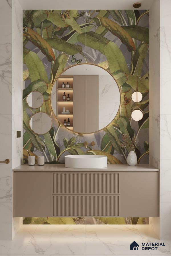 Modern bathroom design with tropical highlighter wall tile, beige fluted vanity, and marble-look wall tiles in Bengaluru | Material Depot