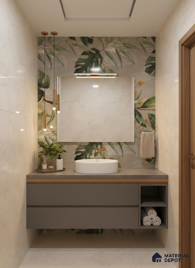 Modern bathroom with tropical highlighter wall tile, beige marble wall tiles, and grey floating vanity | Material Depot