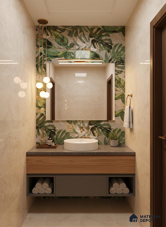 Modern bathroom with tropical highlighter wall tile, beige marble-look wall tiles, and wood finish floating vanity | Material Depot