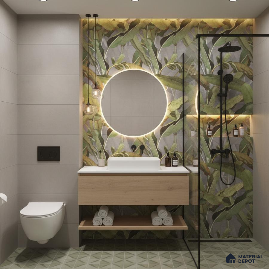 Modern bathroom design with tropical highlighter wall tiles, light wood vanity, and geometric green floor tiles in Bengaluru | Material Depot