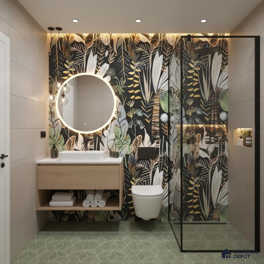 Modern bathroom design with tropical highlighter wall tiles, sage green geometric floor tiles, and floating wood vanity in Bengaluru | Material Depot