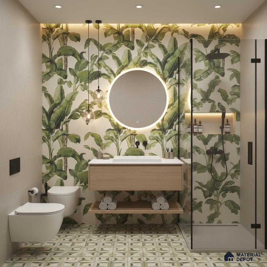 Modern bathroom design with tropical leaf highlighter wall tiles, geometric patterned floor tiles, and floating wood vanity in Bengaluru | Material Depot