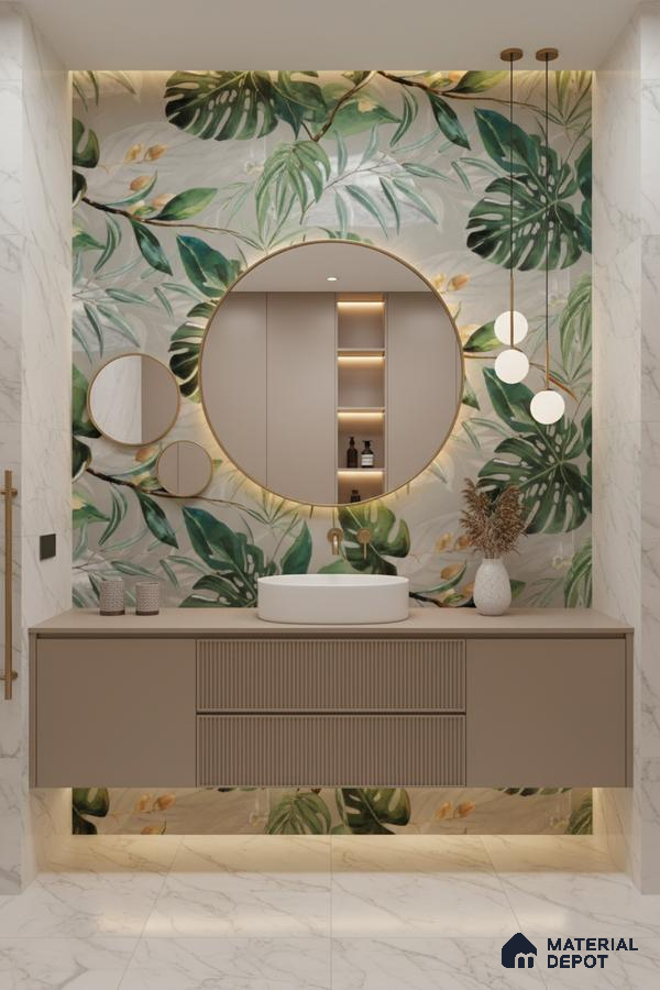 Modern bathroom design with tropical tile, taupe fluted vanity, and white marble tiles in Bengaluru | Material Depot