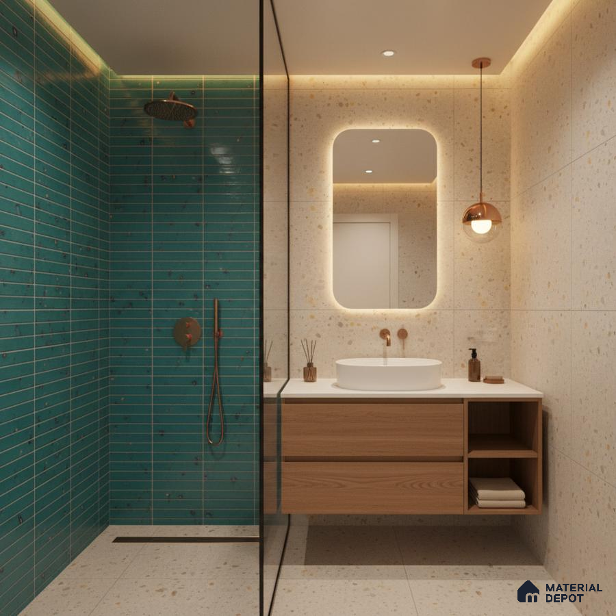 Modern bathroom with turquoise kitkat subway wall tiles, terrazzo floor and wall tiles, and floating wood vanity | Material Depot
