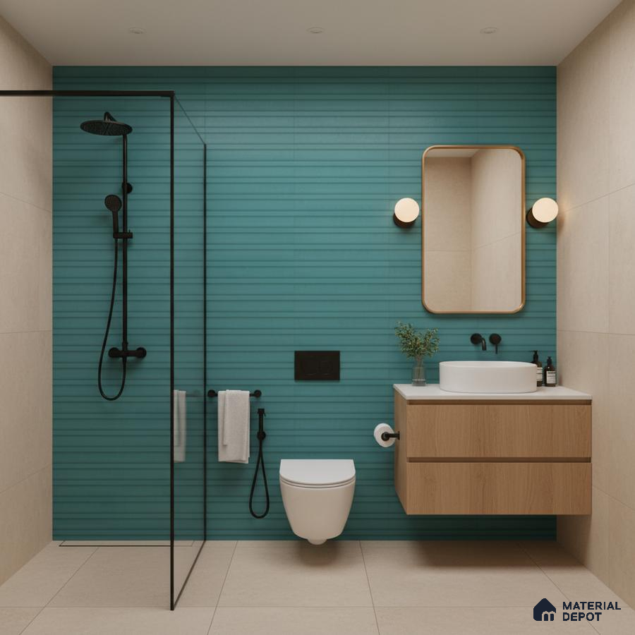 Modern bathroom with turquoise kitkat wall tiles, beige floor tiles, and light oak floating vanity | Material Depot