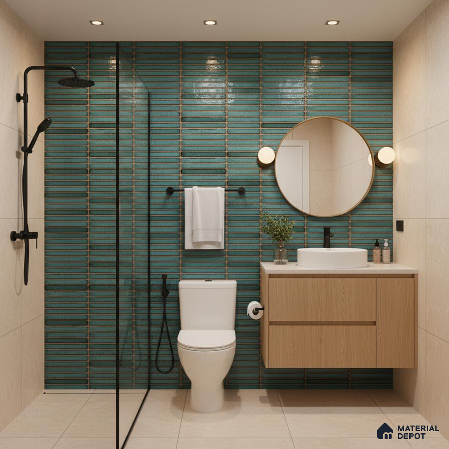Modern bathroom with turquoise kitkat wall tiles, beige floor tiles, and light oak floating vanity | Material Depot