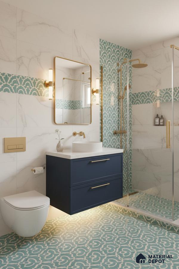 Modern bathroom with turquoise patterned floor and wall tiles, marble-look wall tiles, and navy blue vanity in Bengaluru | Material Depot