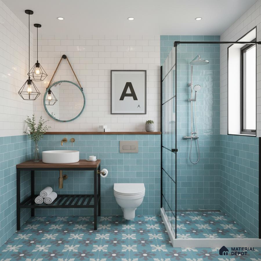 Modern bathroom with turquoise subway wall tiles and blue floral patterned floor tiles in Bengaluru | Material Depot