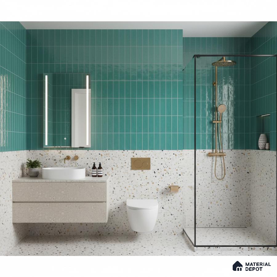 Modern bathroom with turquoise subway wall tiles and terrazzo wall and floor tiles | Material Depot