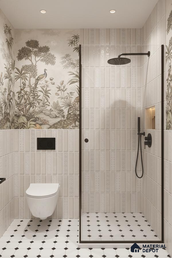 Modern bathroom with vertical beige subway wall tiles, nature-themed wallpaper, and black-and-white geometric floor tiles | Material Depot