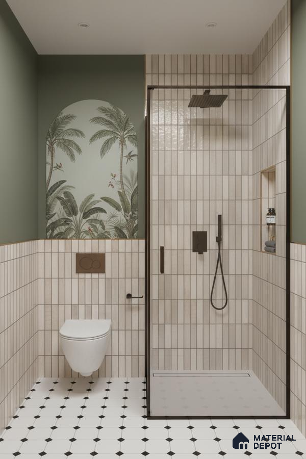 Modern bathroom with vertical beige subway wall tiles, tropical accent tile, and black-and-white geometric floor tiles | Material Depot