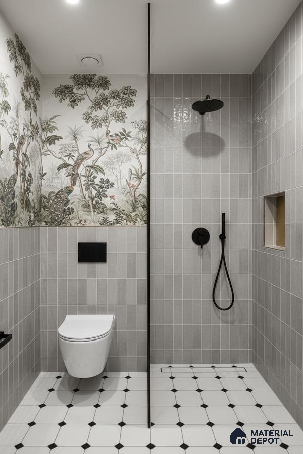 Modern bathroom with vertical grey wall tiles, chinoiserie wallpaper, and black-and-white octagonal floor tiles | Material Depot