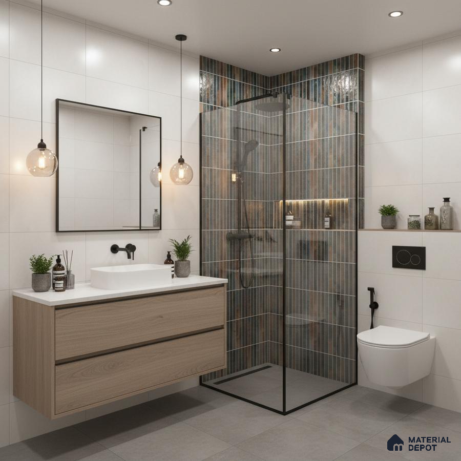 Modern bathroom with vertical kitkat highlighter tiles, light wood floating vanity, and matte grey floor tiles | Material Depot