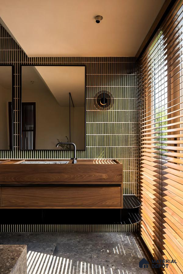 Modern Bathroom with Vertical Tile Design and Wooden Accents | Material Depot