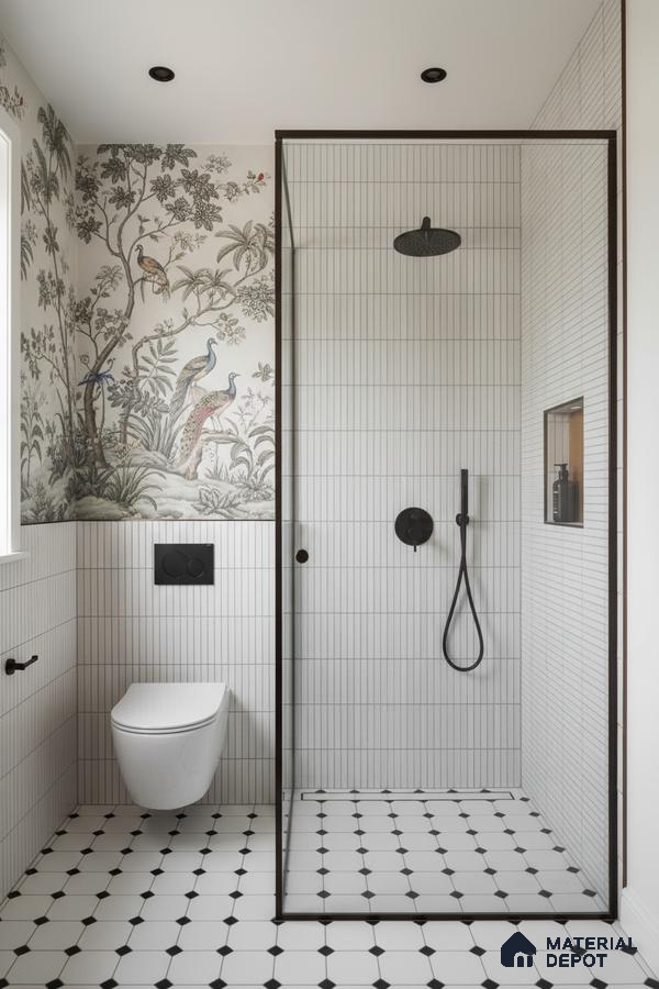 Modern bathroom with vertical white kitkat wall tiles, black-and-white geometric floor tiles, and chinoiserie wallpaper accent | Material Depot