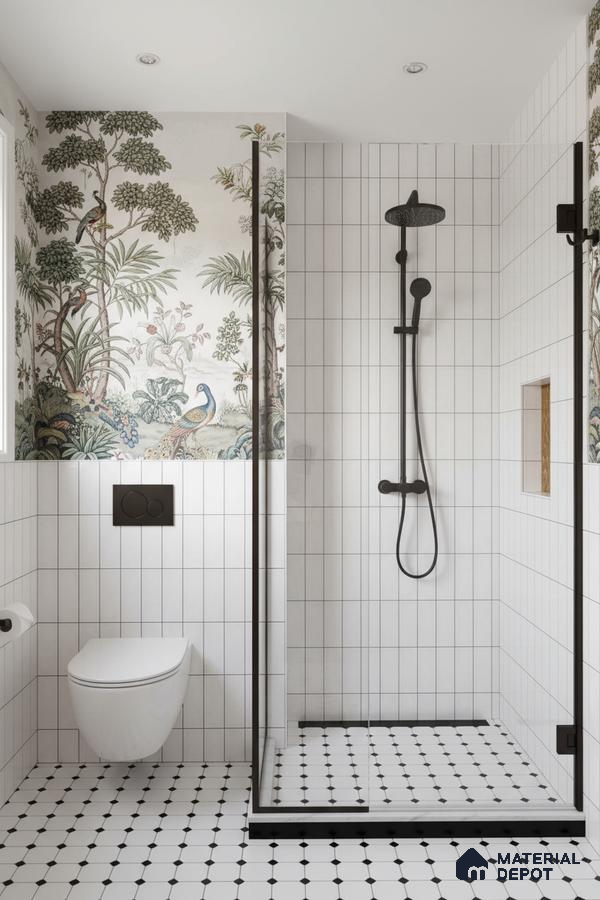 Modern bathroom with vertical white subway wall tiles, chinoiserie wallpaper, and black-and-white geometric floor tiles | Material Depot