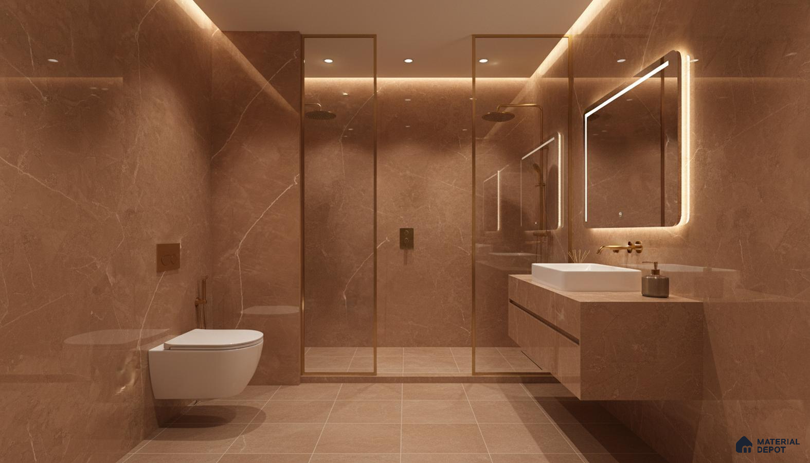 Modern bathroom with warm beige marble-look tiles and floating vanity | Material Depot