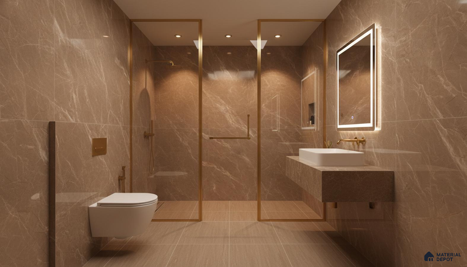 Modern bathroom with warm beige marble-look tiles and gold accents | Material Depot
