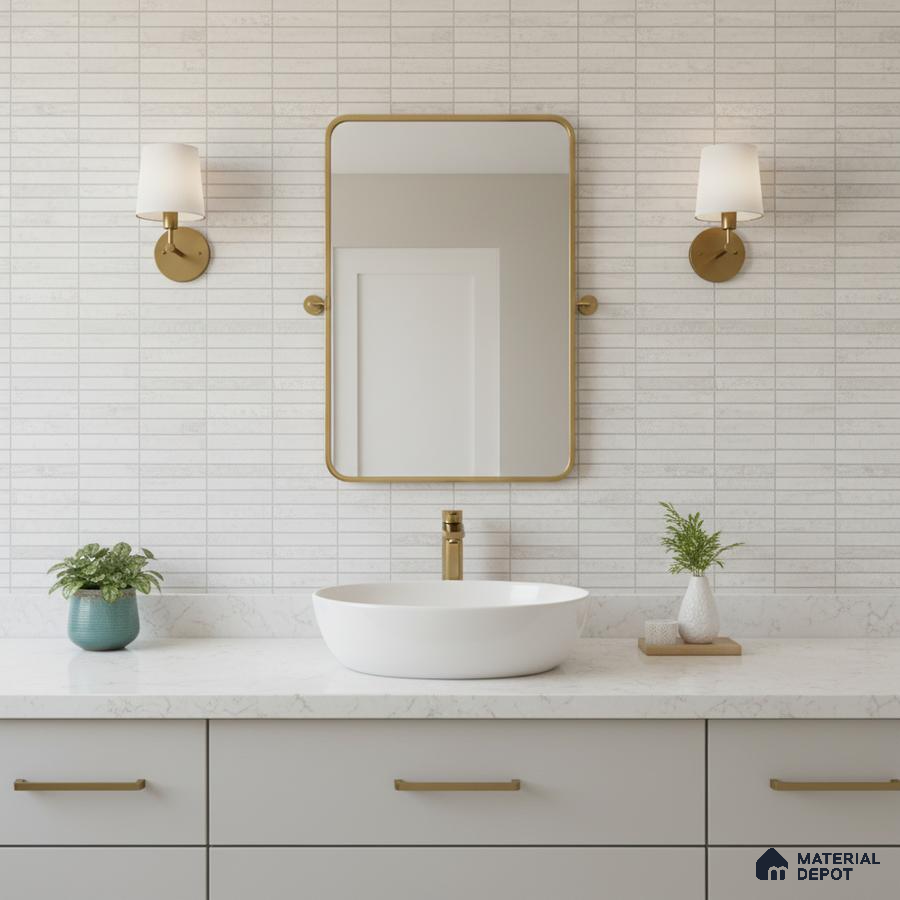 Modern bathroom with white marble countertop and linear white wall tiles