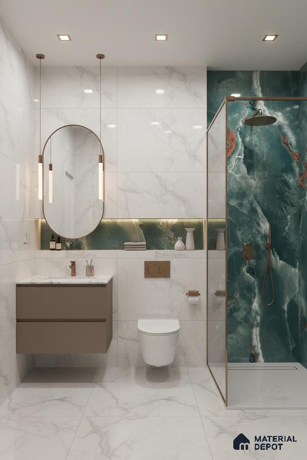 Modern bathroom with white marble look tiles and emerald green onyx highlighter shower wall | Material Depot