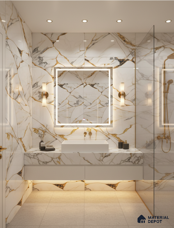 Modern bathroom with white marble look wall tiles and gold veins, floating vanity, and backlit mirror | Material Depot