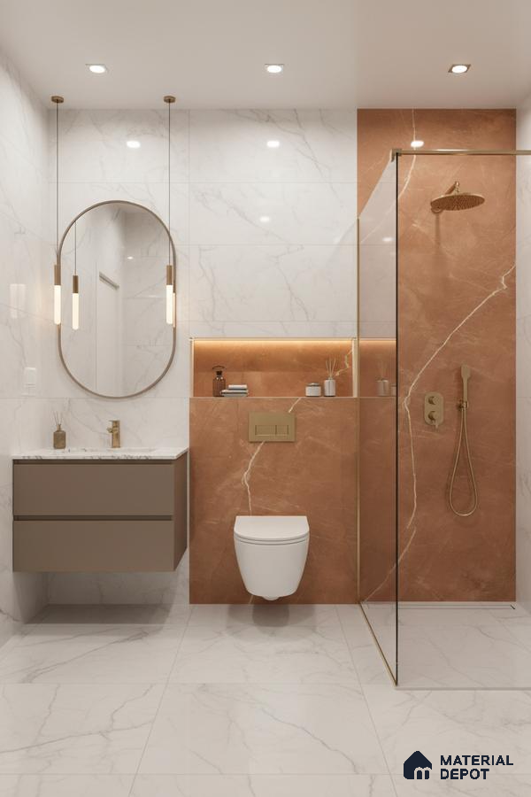 Modern bathroom with white marble wall and floor tiles, terracotta marble highlighter wall tiles, and gold fixtures | Material Depot