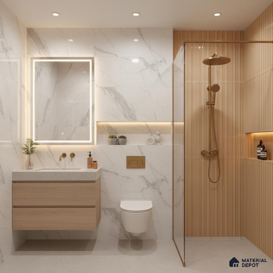 Modern bathroom with white marble wall tiles, beige fluted wall tiles, and light wood floating vanity | Material Depot