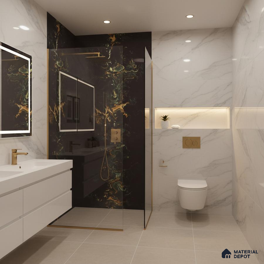 Modern bathroom with white marble wall tiles, black marble highlighter shower wall, and beige floor tiles | Material Depot
