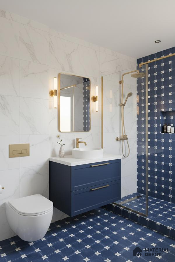 Modern bathroom with white marble wall tiles, blue geometric patterned floor and shower tiles, and navy vanity in Bengaluru | Material Depot