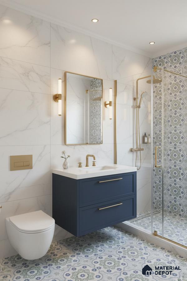 Modern bathroom with white marble wall tiles, blue patterned floor tiles, and gold fixtures in Bengaluru | Material Depot