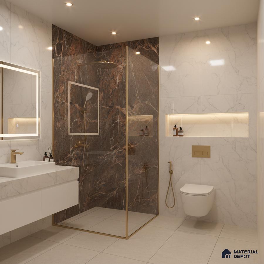 Modern bathroom with white marble wall tiles, brown marble shower accent, and beige floor tiles | Material Depot