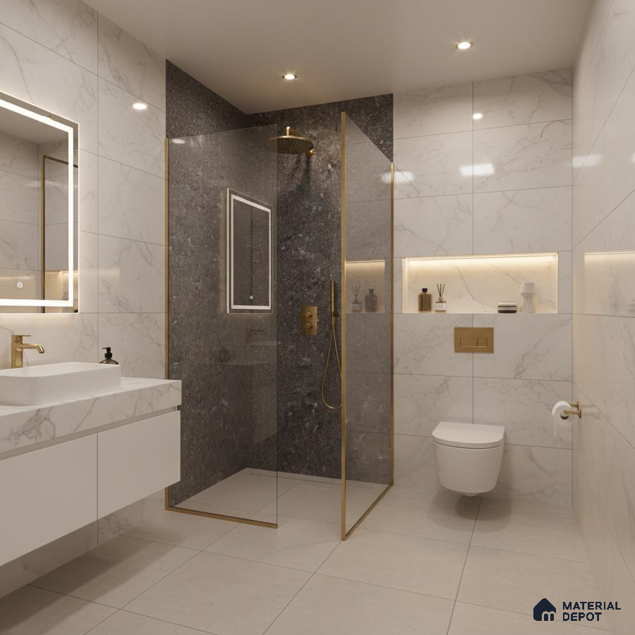 Modern bathroom with white marble wall tiles, dark stone shower accent, and beige floor tiles | Material Depot