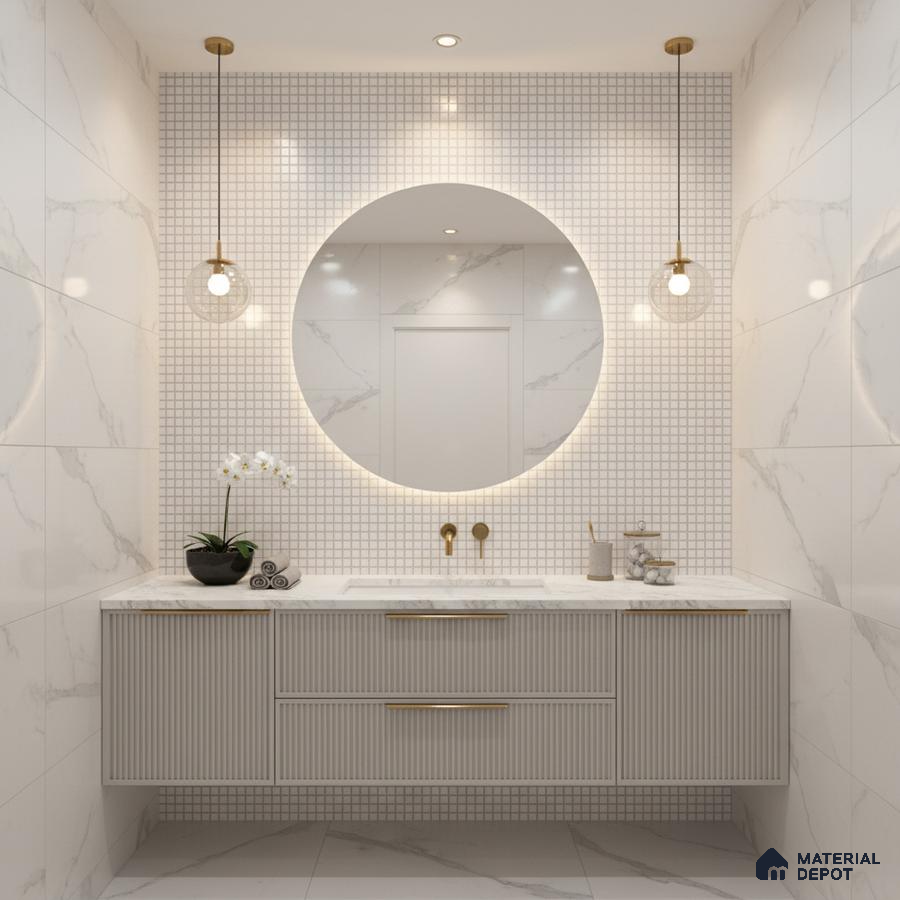 Modern bathroom with white marble wall tiles, fluted vanity, and mosaic accent wall