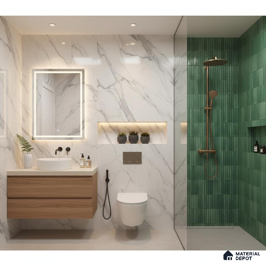 Modern bathroom with white marble wall tiles, green kitkat subway shower tiles, and floating wood vanity | Material Depot
