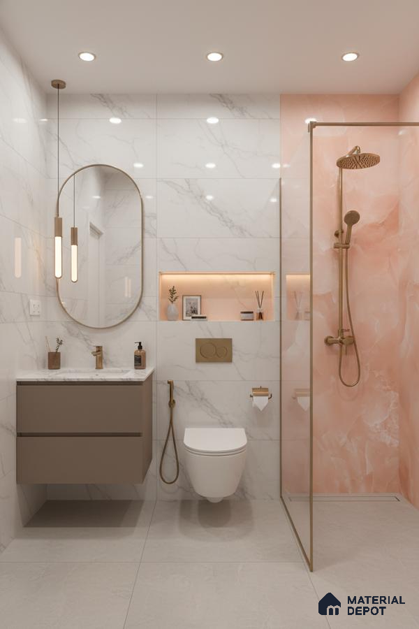 Modern bathroom with white marble wall tiles, peach onyx look highlighter tile, and beige floating vanity | Material Depot