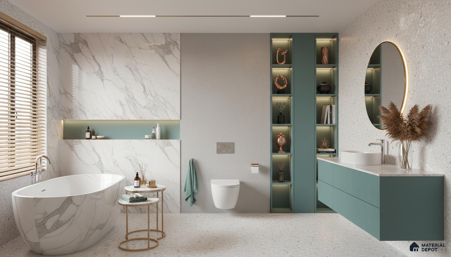 Modern bathroom design with white marble wall tiles, sage green fluted vanity, terrazzo floor tiles in Bengaluru | Material Depot