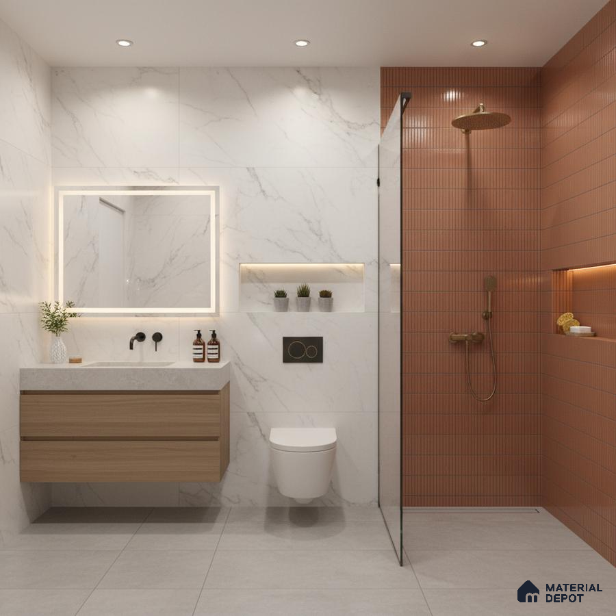 Modern bathroom with white marble wall tiles, terracotta kitkat shower wall tiles, and floating wood vanity | Material Depot