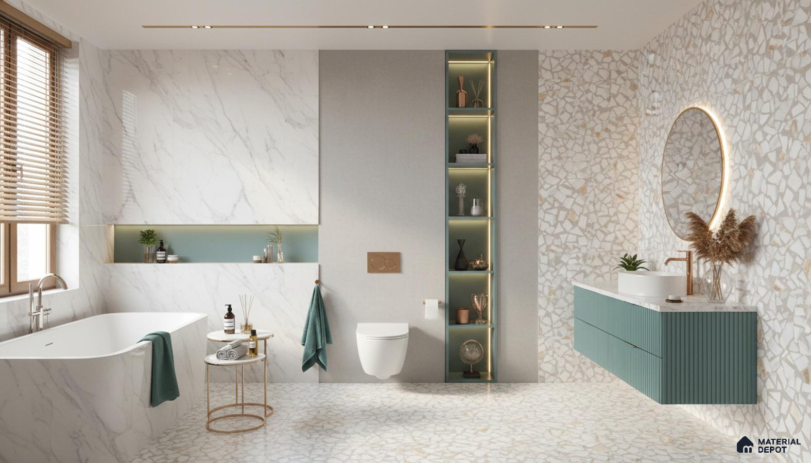 Modern bathroom design with white marble wall tiles, terrazzo floor and wall tiles, and sage green fluted vanity in Bengaluru | Material Depot