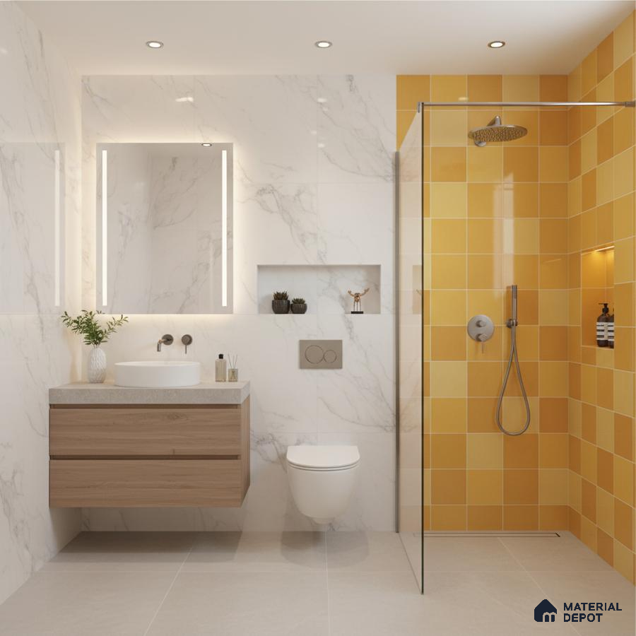 Modern bathroom with white marble wall tiles, yellow square shower tiles, and light wood floating vanity | Material Depot