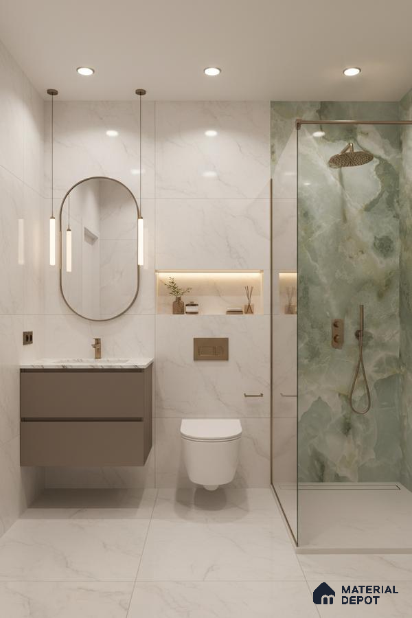 Modern bathroom with white marble-look tiles and green onyx highlighter shower wall | Material Depot