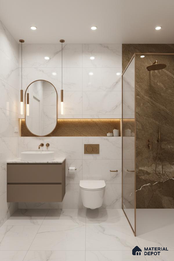 Modern bathroom with white marble-look tiles, brown stone accent wall, and matte taupe vanity | Material Depot